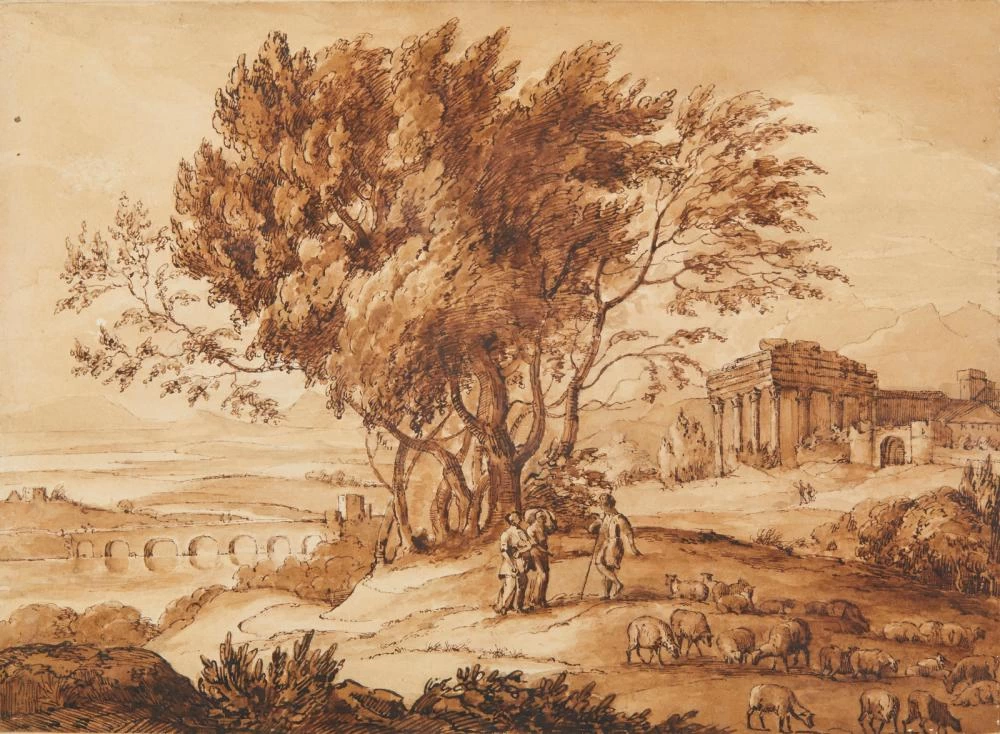 Paesaggio arcadico con rovine e personaggi